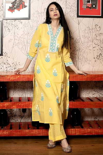 GoSriKi Women's Cotton Blend Straight Hand Block Printed Kurta with Pant & Dupatta