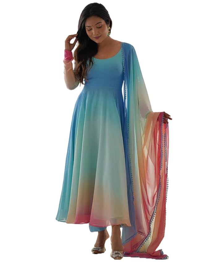 GoSriKi Women's Georgette Anarkali Kurta Set with Dupatta | Elegant Pink Ethnic Dress | Flared Long Kurti for Festive