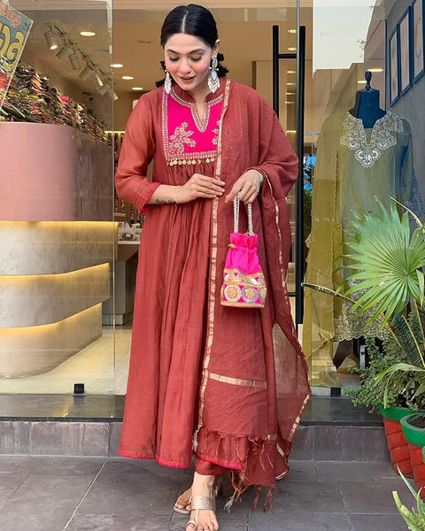 GoSriKi Women's Rayon Viscose Embroidered Anarkali Kurta with Pant & Dupatta