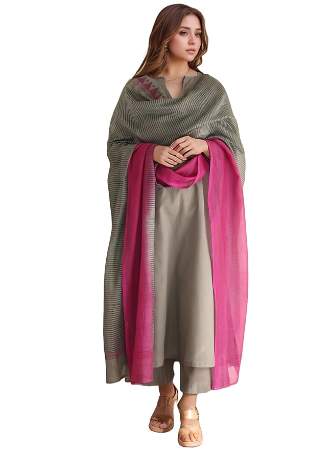 GoSriKi Women's Silk Viscose Straight Solid Kurta with Pant & Dupatta