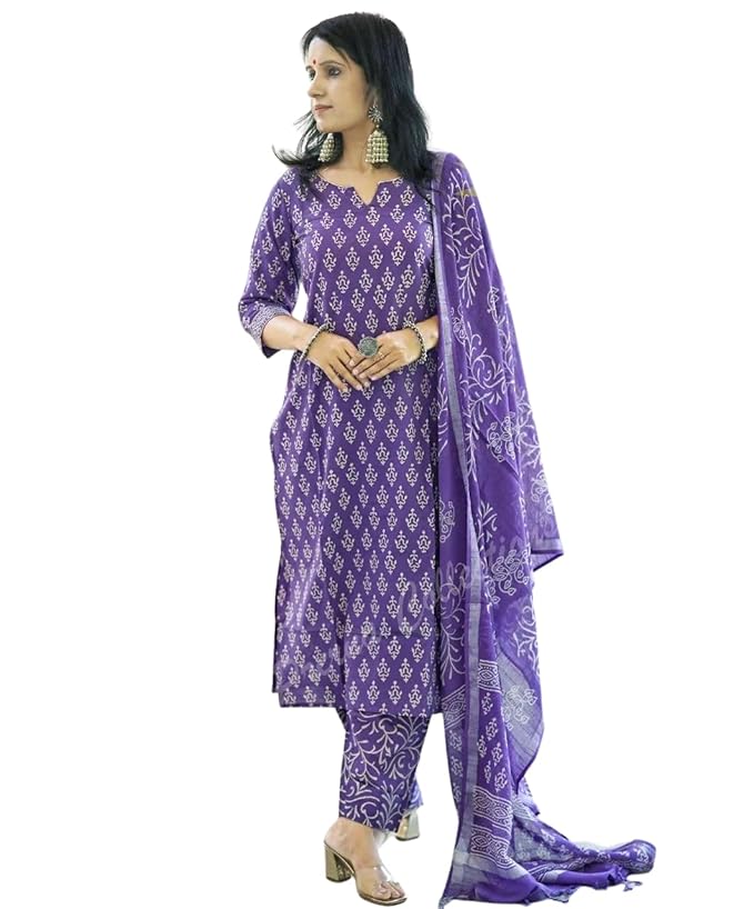 MEERA FAB Women's Cotton Printed Straight Kurta with Palazzo & Dupatta Set