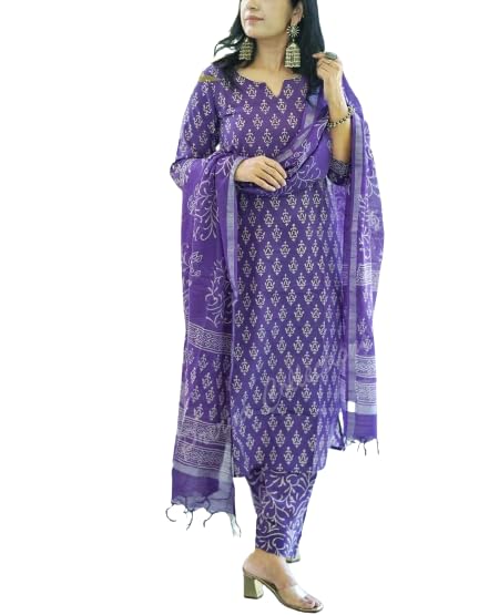 MEERA FAB Women's Cotton Printed Straight Kurta with Palazzo & Dupatta Set