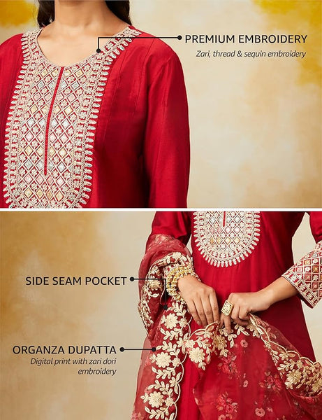 Myx Women's Embroidered Anarkali Kurta Pant Set with Organza Dupatta | Viscose,Rayon | A-line fit