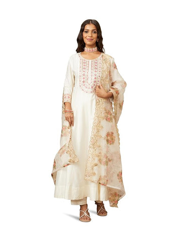 Myx Women's Embroidered Anarkali Kurta Pant Set with Organza Dupatta | Viscose,Rayon | A-line fit