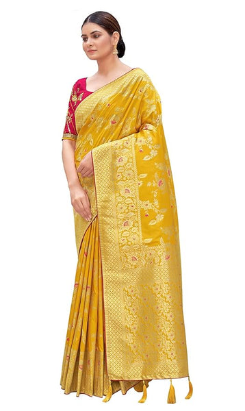 Monjolika Fashion Women's Banarasi Silk Blend Zari Woven Work With Tussles Saree and Embroidered Work Blouse Piece